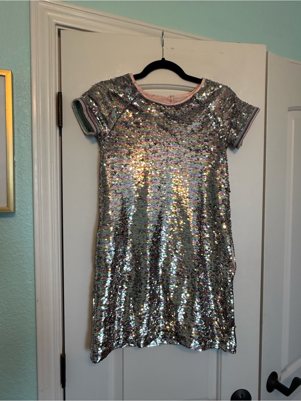 Peek Girls Iridescent Sequin Dress - Silver with Pink Trim